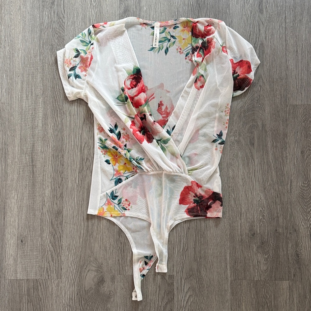 Floral Print Wrap Bodysuit - Cream and Red